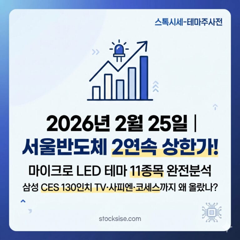 2026년 2월 25일 서울반도체 2연속 상한가 및 마이크로 LED 테마 11종목 분석 정보가 담긴 스톡시세 블로그 썸네일 이미지