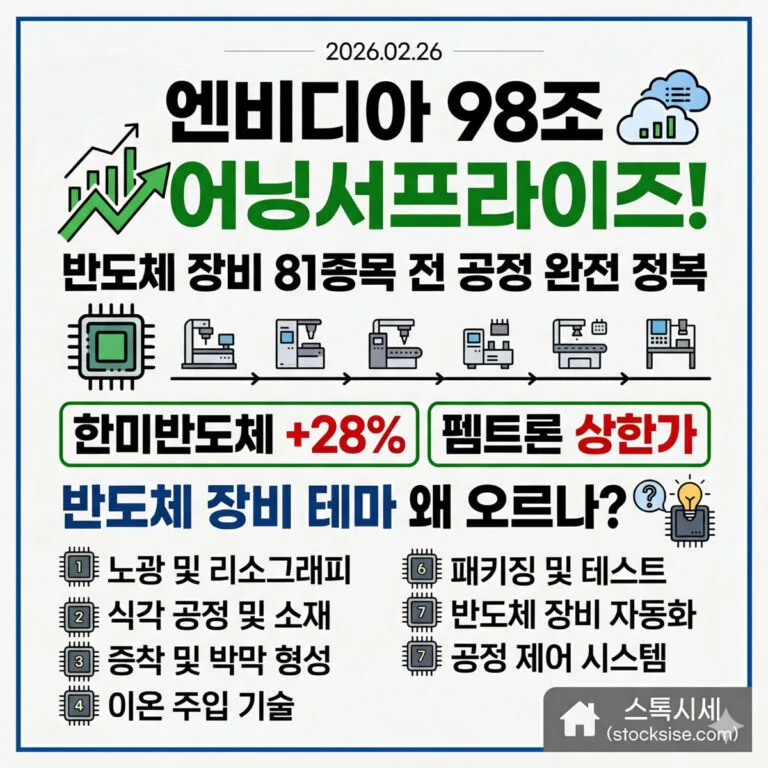 엔비디아의 어닝 서프라이즈와 반도체 장비주 급등 소식을 강조한 썸네일 이미지입니다. 상단에는 '엔비디아 98조 어닝서프라이즈!'와 '반도체 장비 81종목 전 공정 완전 정복'이라는 문구가 있으며, 중앙에는 반도체 8대 공정을 상징하는 미니멀한 아이콘들이 나열되어 있습니다. 하단에는 한미반도체와 펨트론의 주가 상승 현황 및 공정별 분석 리스트가 깔끔한 타이포그래피로 정리되어 있으며, 우측 하단에 '스톡시세(stocksise.com)' 로고가 포함되어 있습니다.