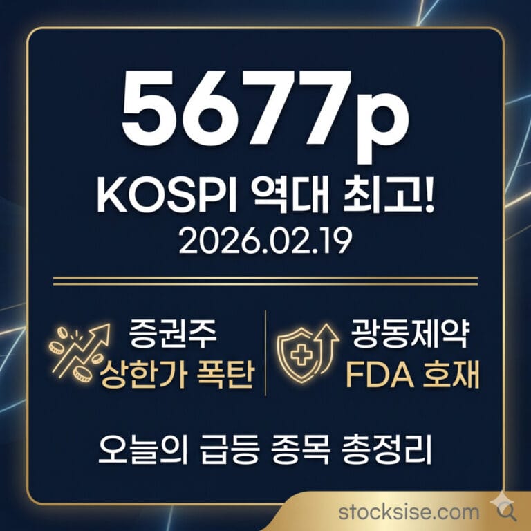 2026년 2월 19일 코스피 5677p 역대 최고치 경신 및 증권주 상한가, 광동제약 FDA 호재 등 오늘의 급등 종목 총정리 정보가 담긴 stocksise.com 블로그 썸네일 이미지