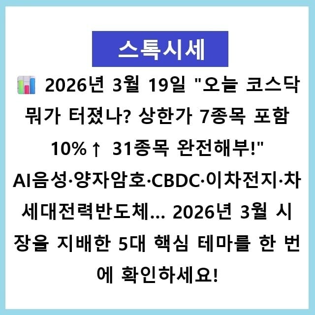 📊 "오늘 코스닥 뭐가 터졌나? 상한가 7종목 포함 10%↑ 31종목 완전해부!" AI음성·양자암호·CBDC·이차전지·차세대전력반도체… 2026년 3월 시장을 지배한 5대 핵심 테마를 한 번에 확인하세요! 2026년3월19일