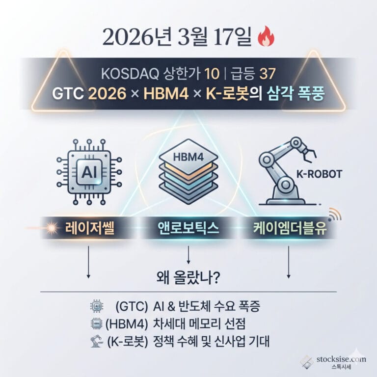 2026년 3월 17일 코스닥 상한가 분석을 주제로 한 썸네일이며, 상단에는 날짜와 'GTC 2026 × HBM4 × K-로봇' 텍스트가, 중앙에는 AI 칩·반도체 적층·로봇 팔 아이콘이 삼각형 구도로 배치되어 레이저쎌, 앤로보틱스, 케이엠더블유의 급등 원인을 시각화한 미니멀한 디자인의 이미지입니다. 하단에는 'stocksise.com 스톡시세' 로고가 포함되어 있습니다.