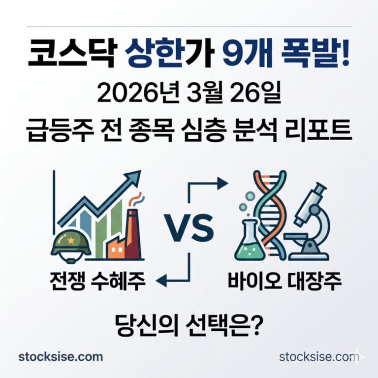 2026년 3월 26일 코스닥 상한가 분석 리포트: 전쟁 수혜주와 바이오 대장주 비교 썸네일 (stocksise.com)