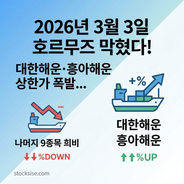 2026년 3월 3일 호르무즈 해협 봉쇄 이슈로 인한 대한해운 및 흥아해운 상한가 등 해운 테마주 11종목 주가 희비 분석 썸네일 이미지