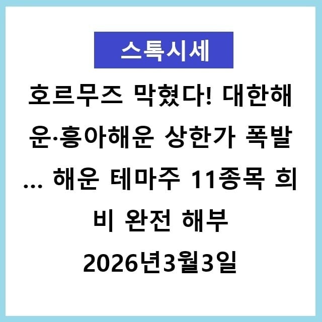 호르무즈 막혔다! 대한해운·흥아해운 상한가 폭발… 해운 테마주 11종목 희비 완전 해부