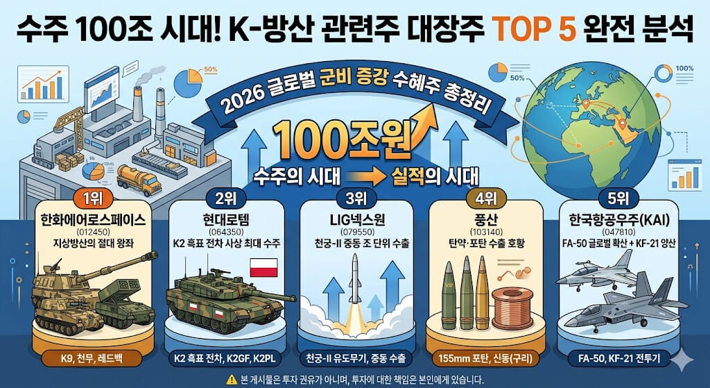 수주 100조 시대를 맞이한 K-방산 대장주 TOP 5 분석 인포그래픽입니다. 상단에는 '수주의 시대에서 실적의 시대'로의 전환과 '100조 원' 수주잔고 달성을 강조하는 타이틀과 글러벌 군비 증강 수혜 그래프가 있습니다. 하단에는 1위 한화에어로스페이스(K9 자주포, 천무, 레드백), 2위 현대로템(K2 흑표 전차), 3위 LIG넥스원(천궁-II), 4위 풍산(155mm 포탄, 신동), 5위 한국항공우주(KAI)(FA-50, KF-21) 등 각 기업의 핵심 무기와 특징이 순위별로 일러스트와 함께 상세히 정리되어 있습니다. 맨 아래에는 투자 유의사항 경고 문구가 포함되어 있습니다.