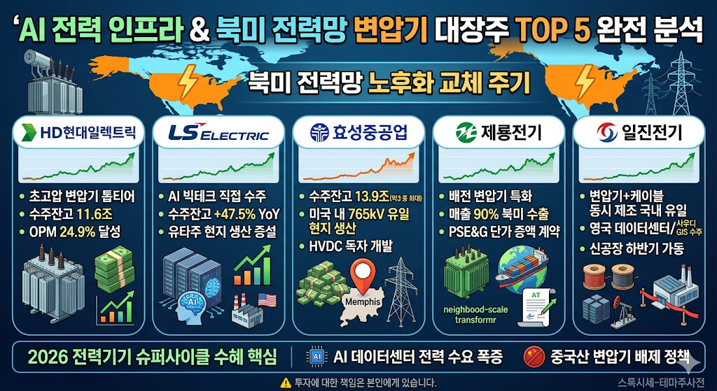 AI 전력 인프라 및 북미 전력망 변압기 대장주 TOP 5(HD현대일렉트릭, LS ELECTRIC, 효성중공업, 제룡전기, 일진전기)의 핵심 투자 포인트와 2026년 전력기기 슈퍼사이클 수혜 요인인 AI 데이터센터 수요 폭증, 북미 노후 전력망 교체, 중국산 배제 정책을 정리한 인포그래픽 이미지