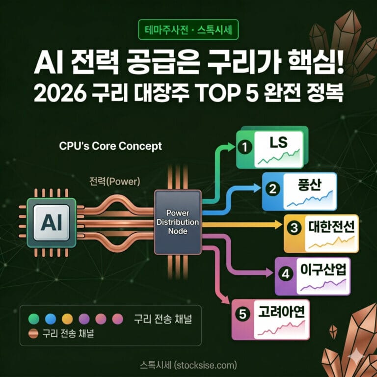 AI 전력 부족의 해답? 구리 관련주 대장주 TOP 5 총정리 | 수혜주 심층 분석 및 2026 전망 — 스톡시세-테마주사전 📌 썸네일 문구 ⚡ AI가 전기를 삼키고 있다 — 그 전기를 흘려보내는 건 전부 구리다! 2026 대장주 5종목 완전 정복