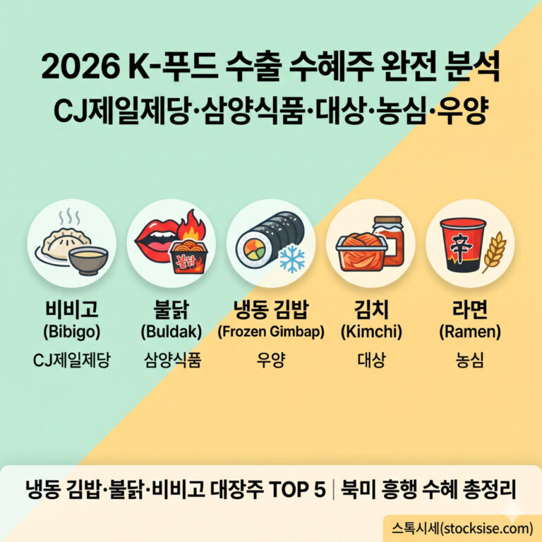 2026년 K-푸드 수출 관련주 대장주 TOP 5(CJ제일제당, 삼양식품, 대상, 농심, 우양)의 핵심 유통망, 수출 품목, 테마 편입 이유와 수출 전략 구조별 심층 분석표를 담은 이미지입니다.