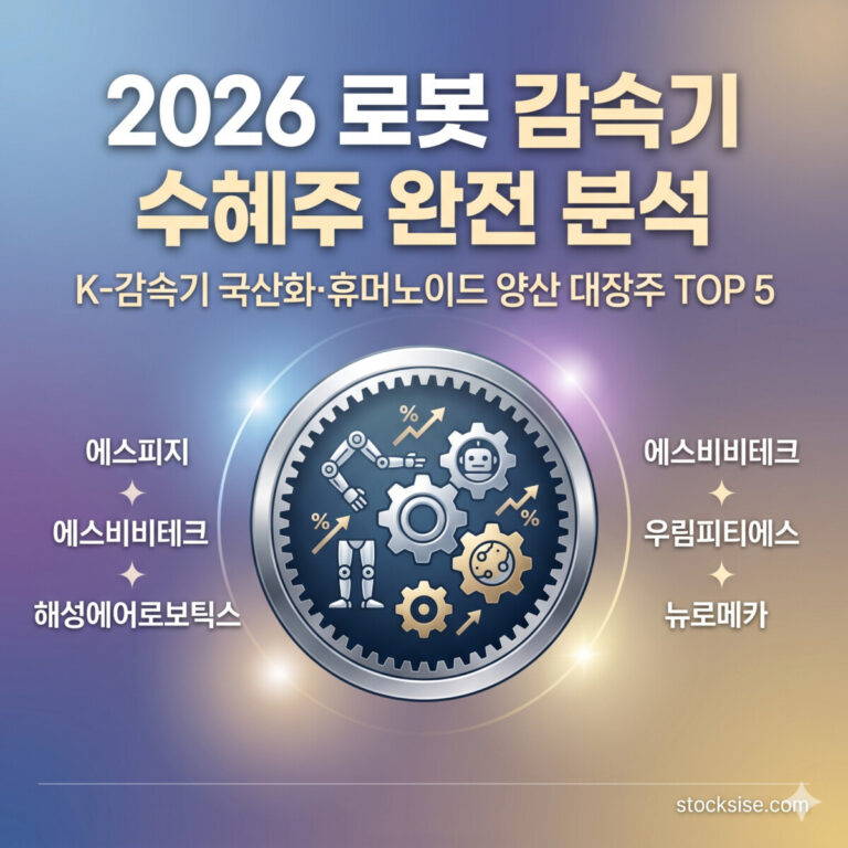2026 로봇 감속기 수혜주 완전 분석. K-감속기 국산화 및 휴머노이드 양산 대장주 5개 종목(에스피지, 에스비비테크, 해성에어로보틱스, 우림피티에스, 뉴로메카)을 소개하는 썸네일 이미지