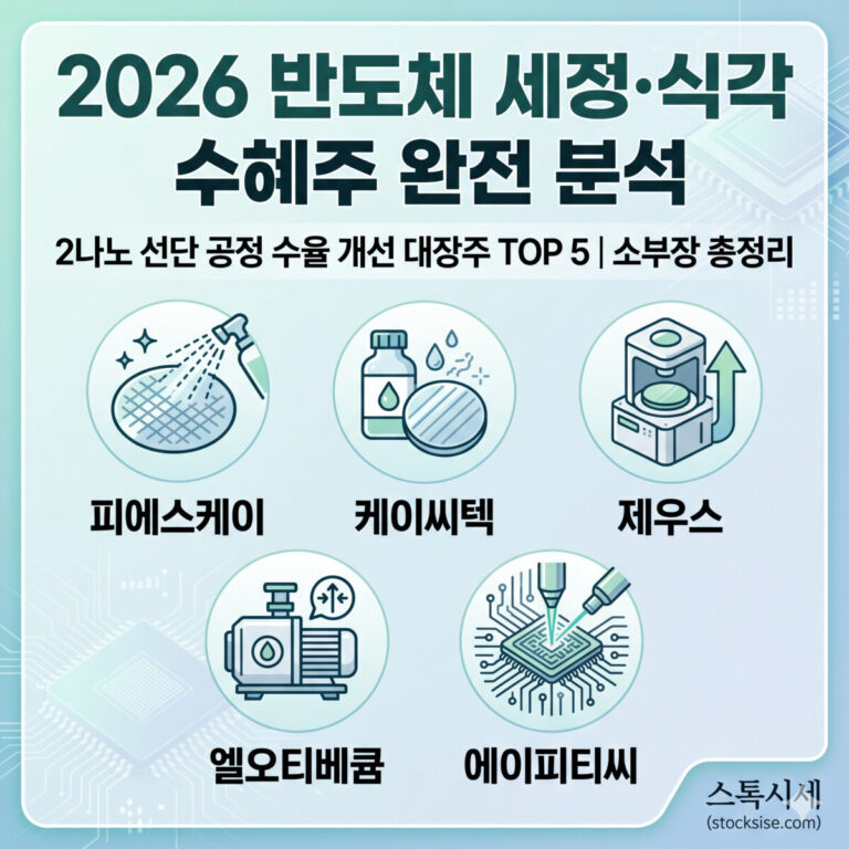 2026년 반도체 세정 및 식각 관련 수혜주 분석 인포그래픽 썸네일 (피에스케이, 케이씨텍, 제우스, 엘오티베큠, 에이피티씨 등 2나노 선단 공정 대장주 TOP 5 소개, 출처 stocksise.com)