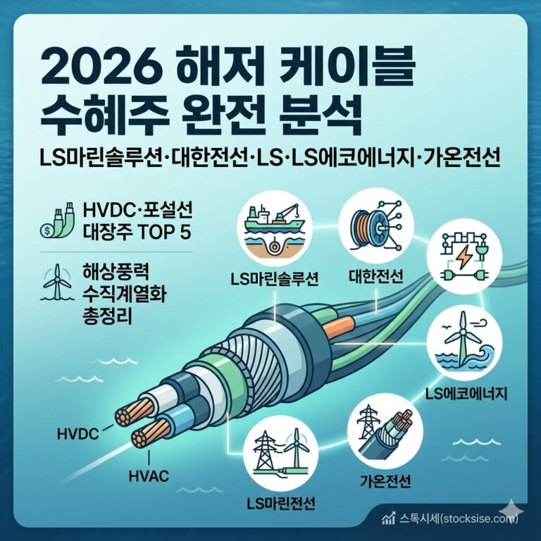 2026년 해저 케이블 및 HVDC 관련 주식 투자 분석을 위한 인포그래픽형 썸네일 이미지. 상단에는 '2026 해저 케이블 수혜주 완전 분석' 타이틀과 LS마린솔루션, 대한전선, LS, LS에코에너지, 가온전선 등 주요 기업명이 깔끔한 타이포그래피로 적혀 있다. 중앙에는 거대한 해저 케이블 단면 일러스트를 중심으로 해상풍력, 포설선, 송전탑 등을 상징하는 미니멀한 아이콘들이 각 기업명과 매칭되어 원형으로 배치되어 있으며, 우측 하단에는 블로그 출처인 '스톡시세(stocksise.com)' 로고가 포함되어 있다.