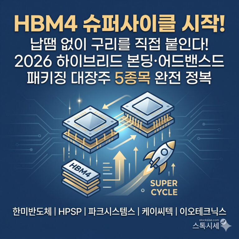 HBM4 슈퍼사이클 및 하이브리드 본딩 핵심 5종목(한미반도체, HPSP 등) 분석 정보를 담은 미니멀한 반도체 칩 결합 아이콘 중심의 블로그 썸네일