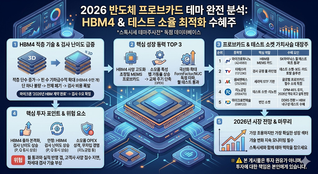 2026년 반도체 프로브카드 테마 완전 분석 인포그래픽. HBM4 적층 기술 및 검사 난이도 급증, 핵심 성장 동력 TOP 3, 프로브카드 및 테스트 소켓 가치사슬 대장주 TOP 5 비교표(마이크로투나노, 티에스이, 샘씨엔에스, 리노공업, 마이크로컨텍솔), 핵심 투자 포인트 및 위험 요소, 그리고 2026년 시장 전망을 종합적으로 정리하여 HBM 수율 최적화 테마의 구조적 성장 논리를 한눈에 설명하는 스톡시세의 독점 데이터베이스 이미지입니다.