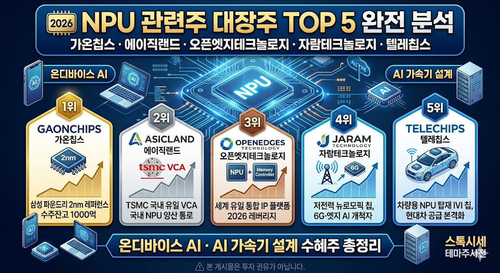2026년 NPU 및 온디바이스 AI 관련주 TOP 5 분석 인포그래픽: 가온칩스(삼성 2nm 레퍼런스), 에이직랜드(TSMC VCA), 오픈엣지테크놀로지(통합 IP 플랫폼), 자람테크놀로지(저전력 뉴로모픽), 텔레칩스(차량용 NPU)의 핵심 투자 포인트와 기업 로고를 정리한 요약 이미지