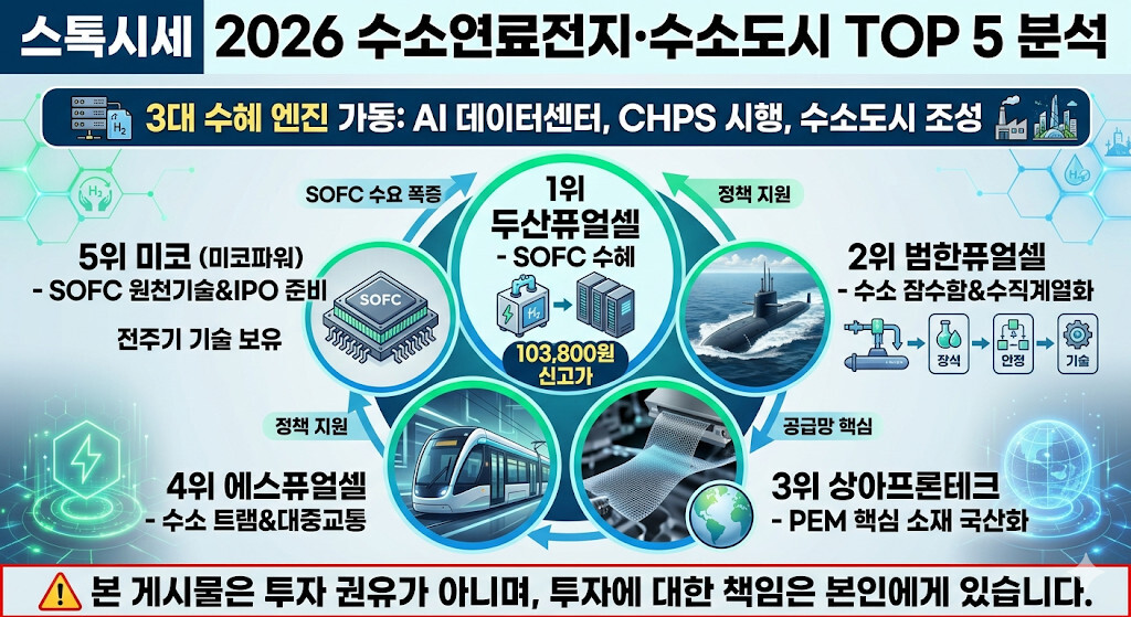 2026년 수소연료전지 및 수소도시 관련주 TOP 5 분석 인포그래픽: 두산퓨얼셀(데이터센터 SOFC), 범한퓨얼셀(수소 잠수함), 상아프론테크(PEM 소재), 에스퓨얼셀(수소 트램), 미코(SOFC 원천기술)의 핵심 수혜 논리와 3대 성장 엔진(AI 데이터센터, CHPS, 수소도시)을 시각화한 요약 이미지