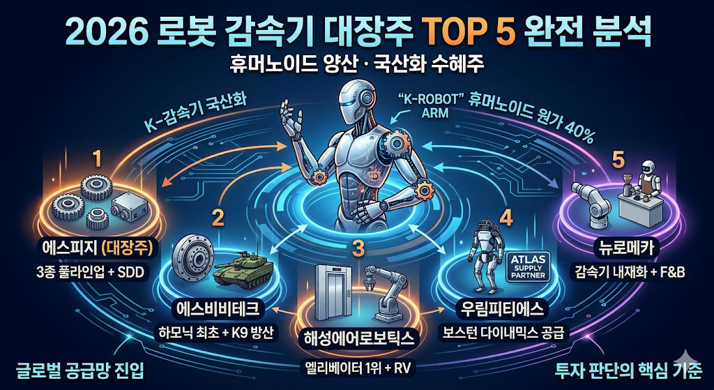 2026년 로봇 감속기 대장주 TOP 5 분석 인포그래픽: 휴머노이드와 국산화 수혜주인 에스피지, 에스비비테크, 해성에어로보틱스, 우림피티에스, 뉴로메카의 핵심 특징과 글로벌 공급망 진입 현황 요약 이미지