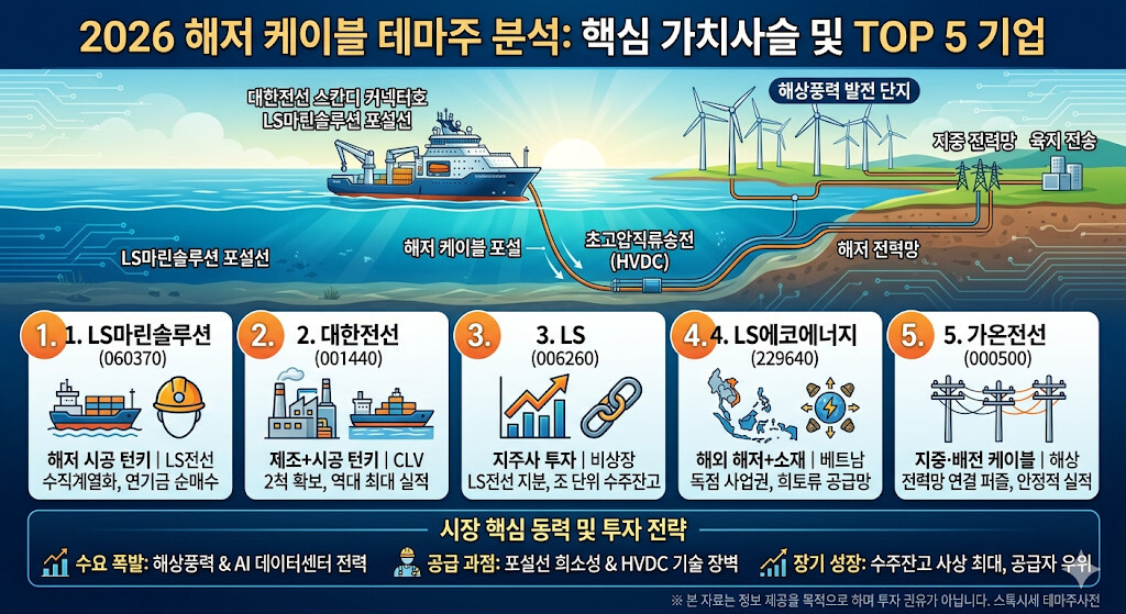 2026년 해저 케이블 및 HVDC 테마주 TOP 5(LS마린솔루션, 대한전선, LS, LS에코에너지, 가온전선)의 가치사슬 포지션과 핵심 자산 및 투자 전략을 정리한 인포그래픽 이미지. 해상풍력 발전단지에서 초고압직류송전(HVDC) 해저 케이블을 거쳐 육지 지중 전력망으로 연결되는 시공 과정과 함께, 대형 포설선(CLV)의 시공 병목 돌파 및 글로벌 공급 과점 시장의 장기 성장 동력이 요약되어 있음.