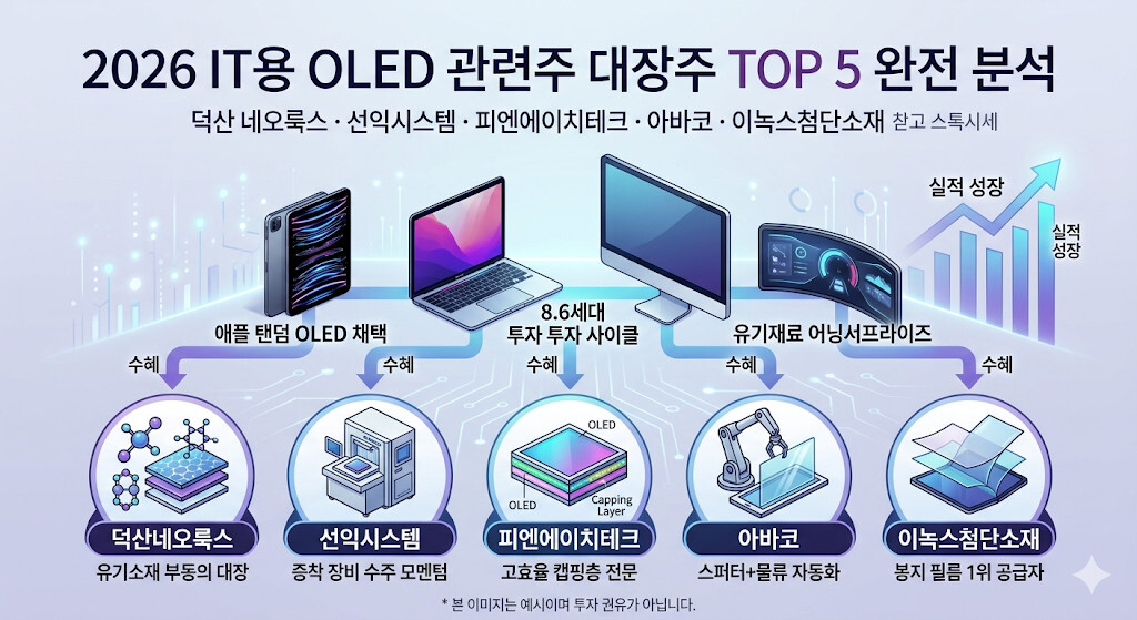 2026년 IT용 OLED 및 유기재료 관련 대장주 TOP 5(덕산네오룩스, 선익시스템, 피엔에이치테크, 아바코, 이녹스첨단소재)의 핵심 모멘텀과 가치사슬을 한눈에 보여주는 인포그래픽 이미지. 애플 탠덤 OLED 채택, 8.6세대 투자 사이클, 유기재료 어닝서프라이즈라는 3대 전방 산업의 호재가 각 기업(유기소재, 증착 장비, 고효율 캡핑층, 스퍼터 및 물류 자동화, 봉지 필름)의 실적 성장으로 이어지는 구조적 수혜 관계를 시각적으로 깔끔하게 정리하고 있습니다.