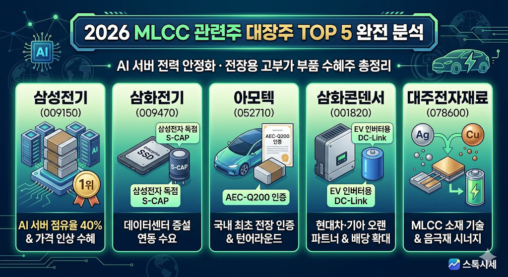 2026년 MLCC 관련 대장주 TOP 5 분석 인포그래픽. 삼성전기(AI 서버 점유율), 삼화전기(S-CAP 독점), 아모텍(전장 인증), 삼화콘덴서(EV DC-Link), 대주전자재료(소재 기술) 등 각 기업의 핵심 역할과 수혜 이유가 그래픽과 함께 요약되어 있습니다.