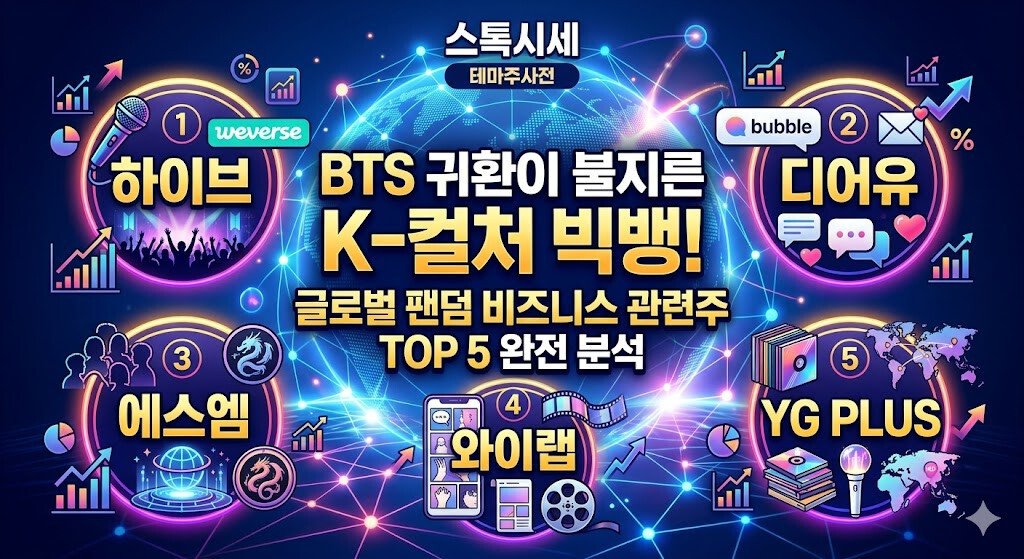 BTS 귀환과 K-컬처 팬덤 비즈니스 테마주 TOP 5 분석 인포그래픽. 중앙의 'K-컬처 빅뱅' 타이틀을 중심으로 1위 하이브(위버스), 2위 디어유(버블), 3위 에스엠, 4위 와이랩, 5위 YG PLUS의 로고와 핵심 아이콘들이 화려한 글로벌 네트워크 그래픽과 함께 배치된 이미지