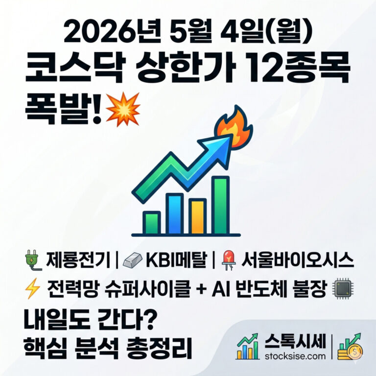 2026년 5월 4일 코스닥 상한가 12종목 분석: 제룡전기, KBI메탈, 서울바이오시스 주가 전망 및 전력망·AI 반도체 테마 정리(스톡시세)