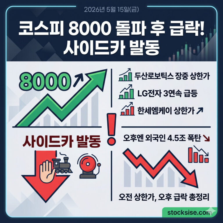 2026년 5월 15일 코스피 8000 돌파 후 급락 및 사이드카 발동 소식을 정리한 주식 블로그 stocksise.com의 인포그래픽 썸네일 이미지. 상단에는 '코스피 8000 돌파 후 급락! 사이드카 발동'이라는 타이틀이 있고, 본문은 좌우로 나뉘어 있습니다. 왼쪽에는 상승 후 꺾이는 녹색 화살표와 8000 수치, 그리고 아래를 향한 붉은색 화살표와 멈춤 손모양, 경보 벨 아이콘이 있습니다. 오른쪽에는 두산로보틱스 장중 상한가, LG전자 3연속 급등, 한세엠케이 상한가 등 오전의 상승세와 오후 외국인 4.5조 폭탄으로 인한 급락 그래프가 인포그래픽 형태로 깔끔하게 시각화되어 있습니다. 오른쪽 아래에는 블로그 주소 'stocksise.com'이 적혀 있습니다.
