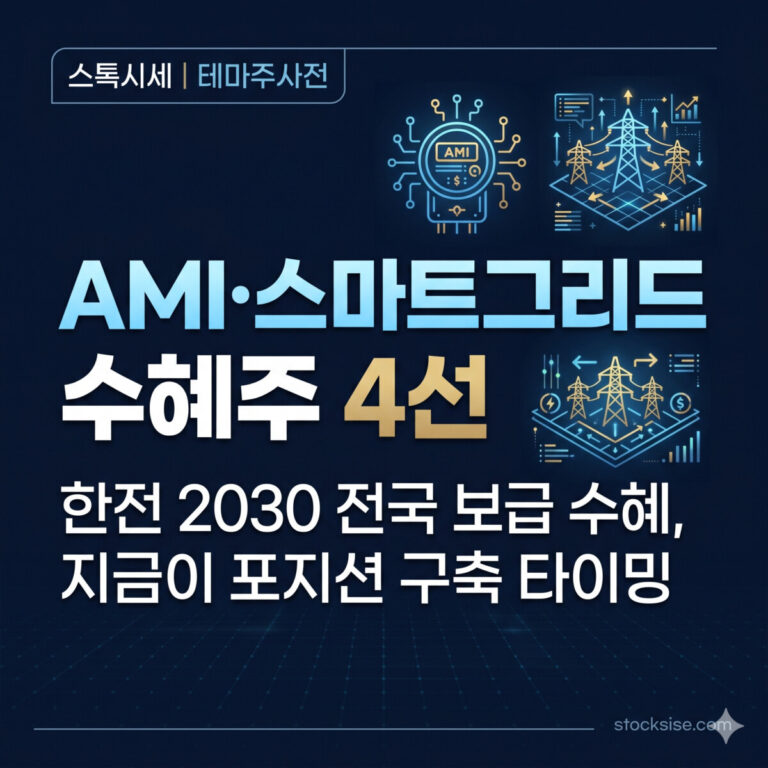 지능형 전력망 AMI 스마트그리드 수혜주 누리플렉스·지투파워·한전KDN·피에스텍 투자 분석 썸네일 — 한전 2026~2030 확산사업과 DR 플랫폼 락인 구조 비교