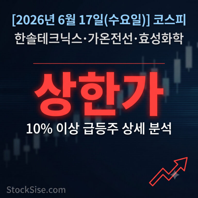 2026년 6월 17일 코스피 상한가 종목 한솔테크닉스·가온전선·효성화학과 전력인프라·반도체검사 테마를 정리한 스톡시세 썸네일 이미지