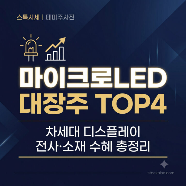 마이크로LED 디스플레이 장비 소재 대장주 TOP4 — 필옵틱스, AP시스템, 서울반도체, 한솔케미칼의 전사 공정·소재 수혜 구조와 투자 포인트를 한눈에 정리한 스톡시세 테마주사전 인포그래픽