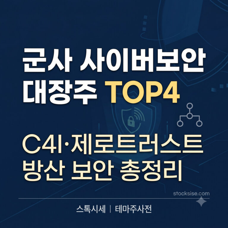 군사 사이버보안 C4I 제로트러스트 대장주 TOP4 — 지니언스, 이노뎁, 시큐레이어, 윈스의 군 납품 구조와 방산 사이버보안 수혜 논리를 스톡시세 리서치팀이 분석한 테마주사전 인포그래픽