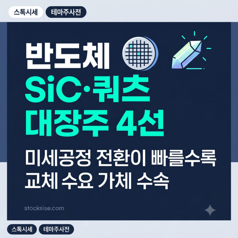 2026년 반도체 SiC·쿼츠 소재 부품 대장주 TOP 4 — 티씨케이·원익QnC·하나머티리얼즈·코미코의 테마 편입 논리와 핵심 모멘텀을 스톡시세가 완전 분석합니다.