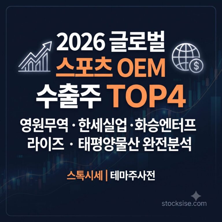 2026 글로벌 스포츠·아웃도어 OEM 의류 제조 수출주 테마 대표 종목인 영원무역, 한세실업, 화승엔터프라이즈, 태평양물산의 투자 포인트를 정리한 썸네일 이미지