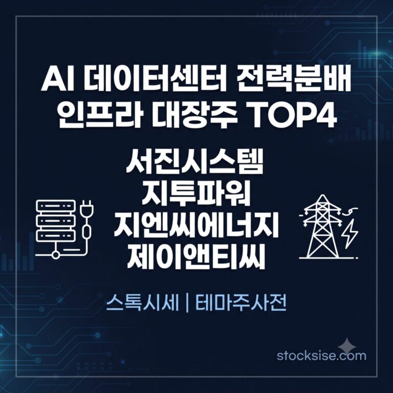 AI 데이터센터 전력분배 인프라 테마의 대장주인 서진시스템, 지투파워, 지엔씨에너지, 제이앤티씨의 사업 구조와 투자 포인트를 정리한 썸네일 이미지