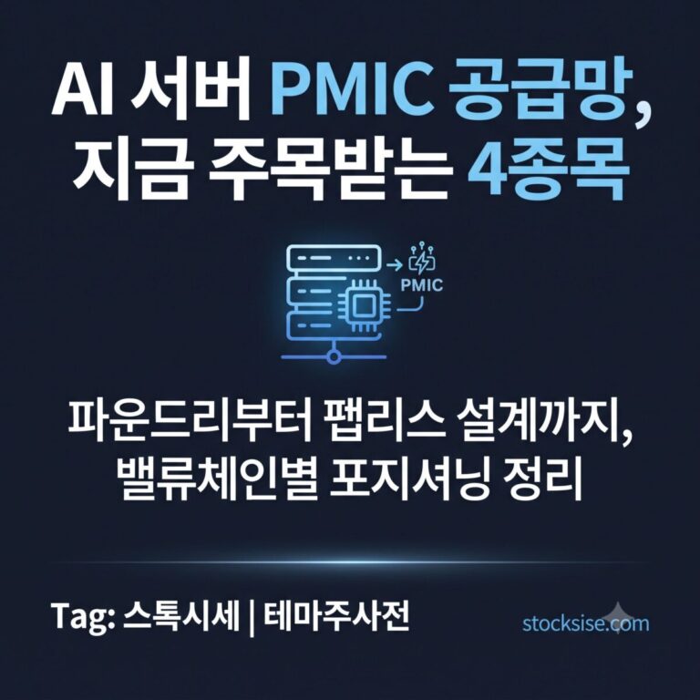 AI 서버 전력관리반도체(PMIC) 공급망 테마와 DB하이텍, 네패스아크, 에이디테크놀로지, 아나패스의 투자 포인트를 정리한 스톡시세 테마주사전 썸네일