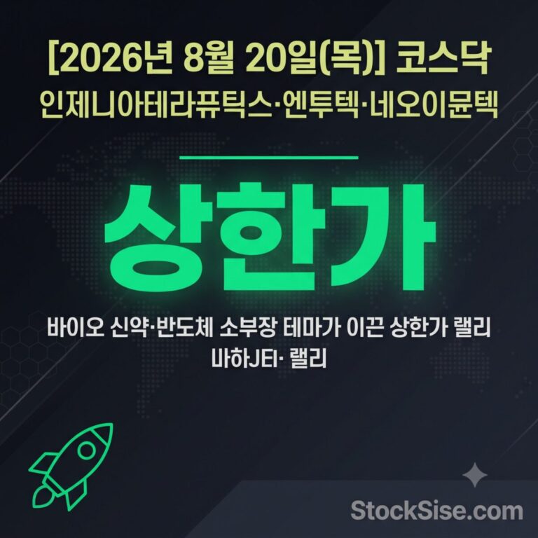 2026년 8월 20일 코스닥 상한가를 기록한 인제니아테라퓨틱스, 엔투텍, 네오이뮨텍 등 바이오·반도체 테마주 급등 현황을 정리한 스톡시세 썸네일 이미지