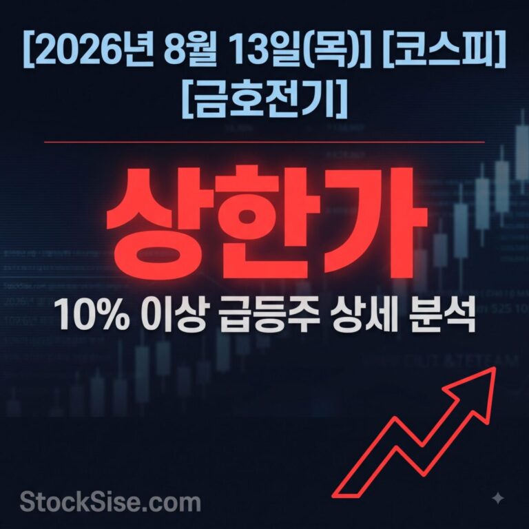 2026년 8월 13일 코스피 상한가 종목 금호전기와 반도체·전자부품 테마 급등주 흐름을 정리한 스톡시세 썸네일 이미지