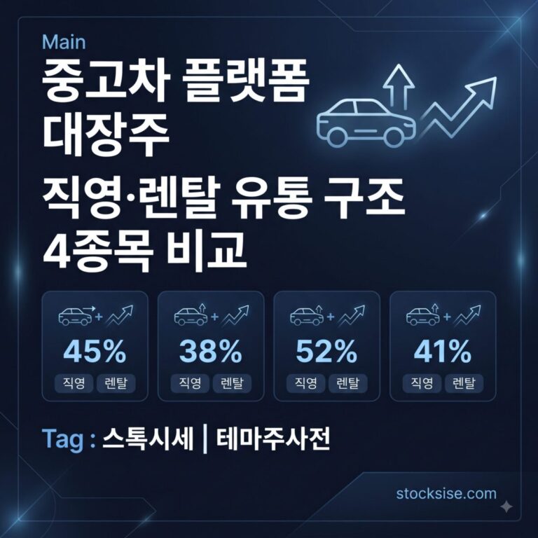 중고차·모빌리티 유통 플랫폼 테마의 대장주 케이카, 현대글로비스, 롯데렌탈, 오토앤의 밸류체인 포지셔닝과 투자 포인트를 정리한 썸네일 이미지