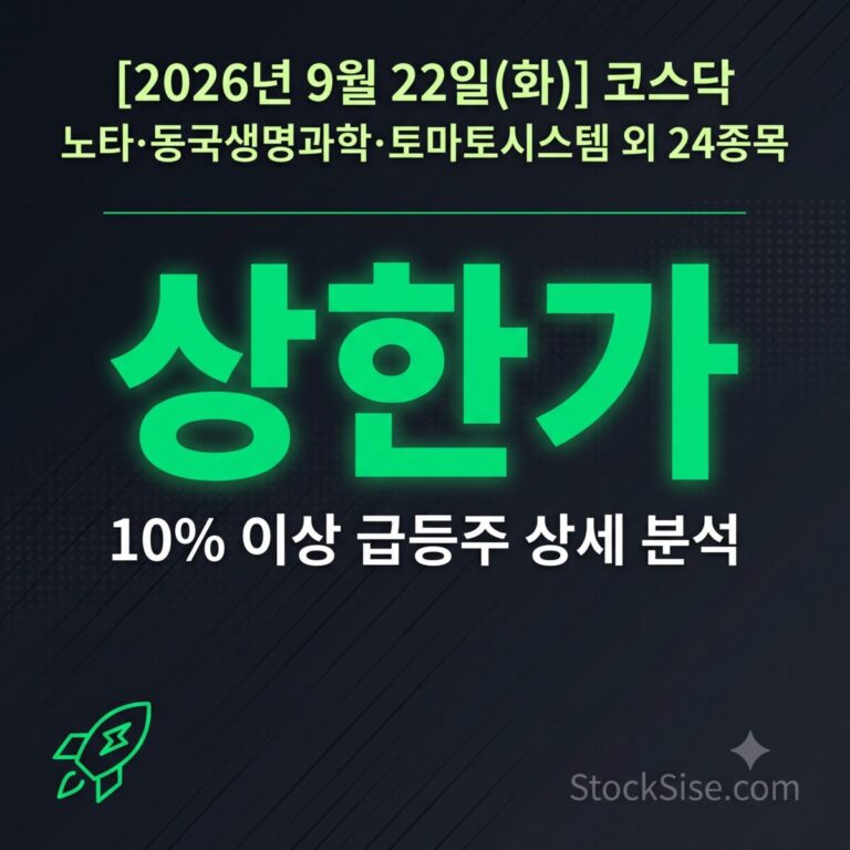 2026년 9월 22일 코스닥 상한가 토마토시스템·동국생명과학·노타·셀리드·더블유에스아이·씨싸이트·수성웹툰과 반도체 기판 테마 급등주 총정리 썸네일 이미지