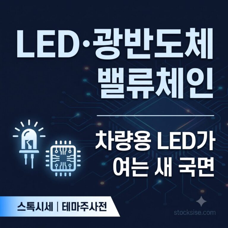 LED 조명·광반도체 테마의 대장주 서울반도체를 중심으로 루멘스, 우리이앤엘, 소룩스의 밸류체인 포지셔닝을 정리한 썸네일 이미지