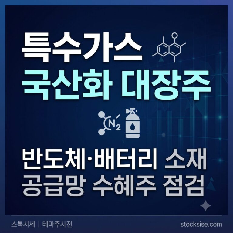 반도체와 이차전지에 쓰이는 특수가스 국산화 테마의 대장주인 원익머트리얼즈, 티이엠씨, 후성, 풍국주정을 정리한 썸네일 이미지