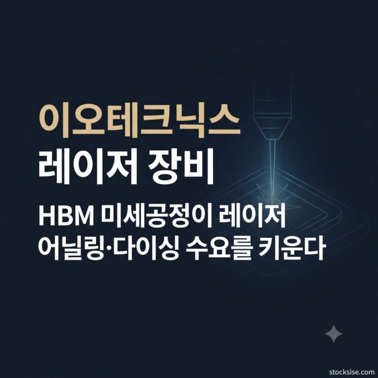 반도체 레이저 어닐링·다이싱 장비 테마의 대장주 이오테크닉스, 디아이티, AP시스템, 필옵틱스의 공급망 위치와 HBM·유리기판 관련 주목 요인을 정리한 스톡시세 테마주사전 썸네일 이미지