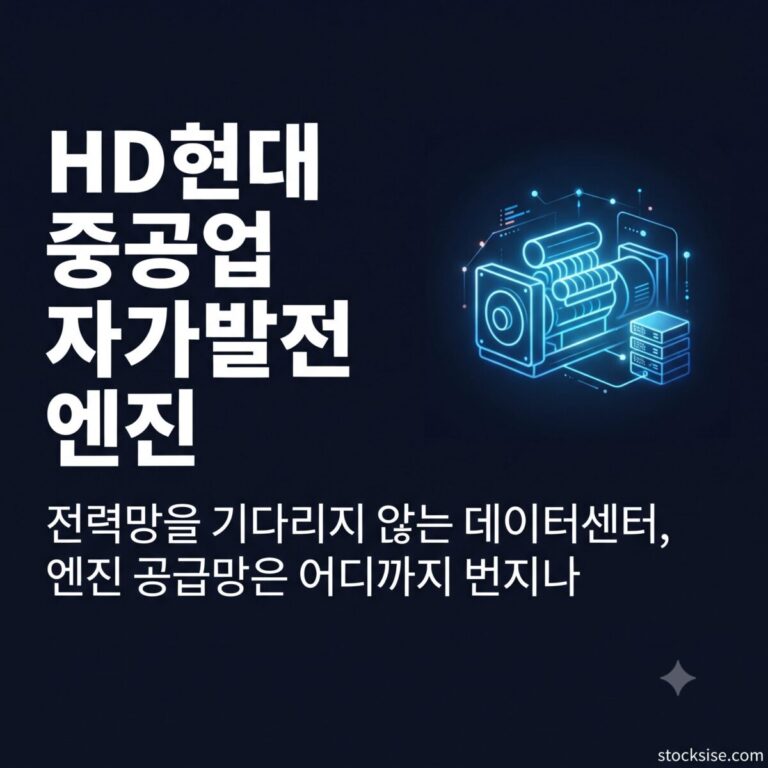 AI 데이터센터 자가발전 엔진 테마에서 HD현대중공업, HD건설기계, 한화엔진, HD현대마린솔루션이 공급망에서 맡는 역할과 투자 포인트를 비교 정리한 썸네일 이미지.