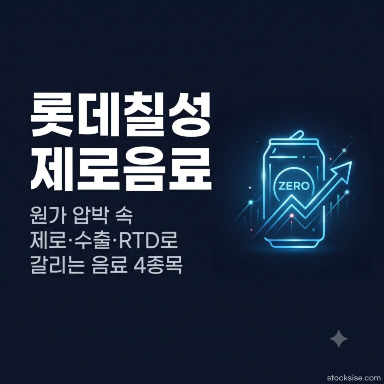 음료·제로·RTD 테마의 롯데칠성, LG생활건강, 동서, 광동제약 원가 부담과 성장 카테고리를 정리한 썸네일 이미지