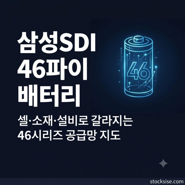 원통형 46시리즈 배터리 테마의 LG에너지솔루션, 삼성SDI, 엘앤에프, 엠오티가 셀·소재·설비 공급망에서 맡은 역할을 정리한 썸네일 이미지