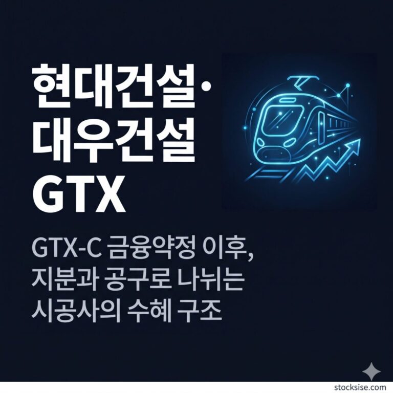 GTX 광역급행철도 노선도를 배경으로 현대건설, 대우건설, 동부건설, HJ중공업의 시공 역할을 정리한 GTX 시공 수혜주 테마 썸네일