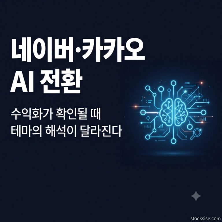 국내 인터넷 플랫폼 AI 서비스 전환 테마의 네이버, 카카오, NHN, 더존비즈온을 수익화 관점에서 비교한 스톡시세 썸네일 이미지.