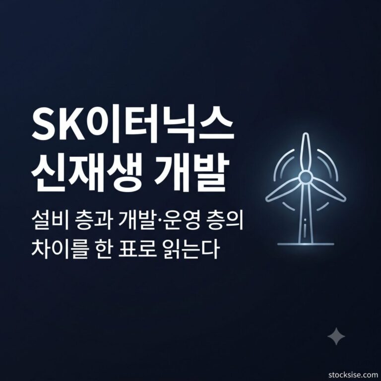 신재생에너지 발전·개발 사업자 테마의 SK이터닉스, HD현대에너지솔루션, 대명에너지, 한화솔루션을 설비 층과 개발·운영 층으로 나누어 비교한 스톡시세 썸네일 이미지.