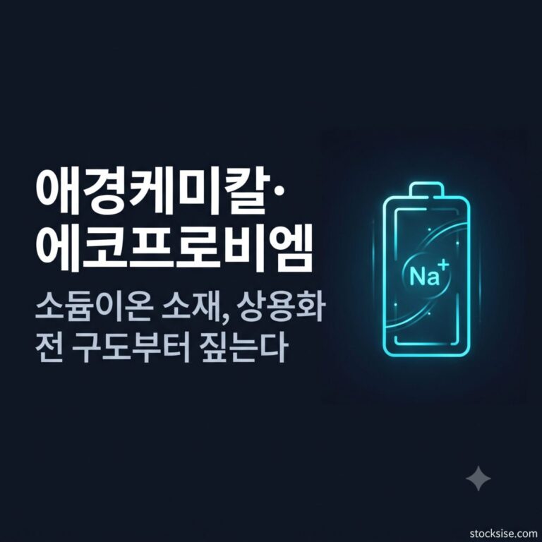 나트륨이온배터리 소재 테마에서 애경케미칼, 에코프로비엠, LG에너지솔루션, DI동일이 음극재, 양극재, 셀, 집전체 사슬에서 맡는 역할을 비교 정리한 스톡시세 테마주사전 썸네일